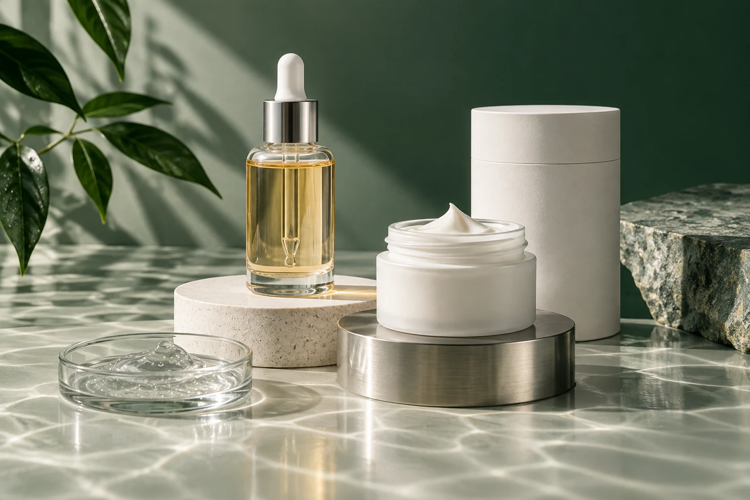 Illustration of cosmetic serum, cream and gel