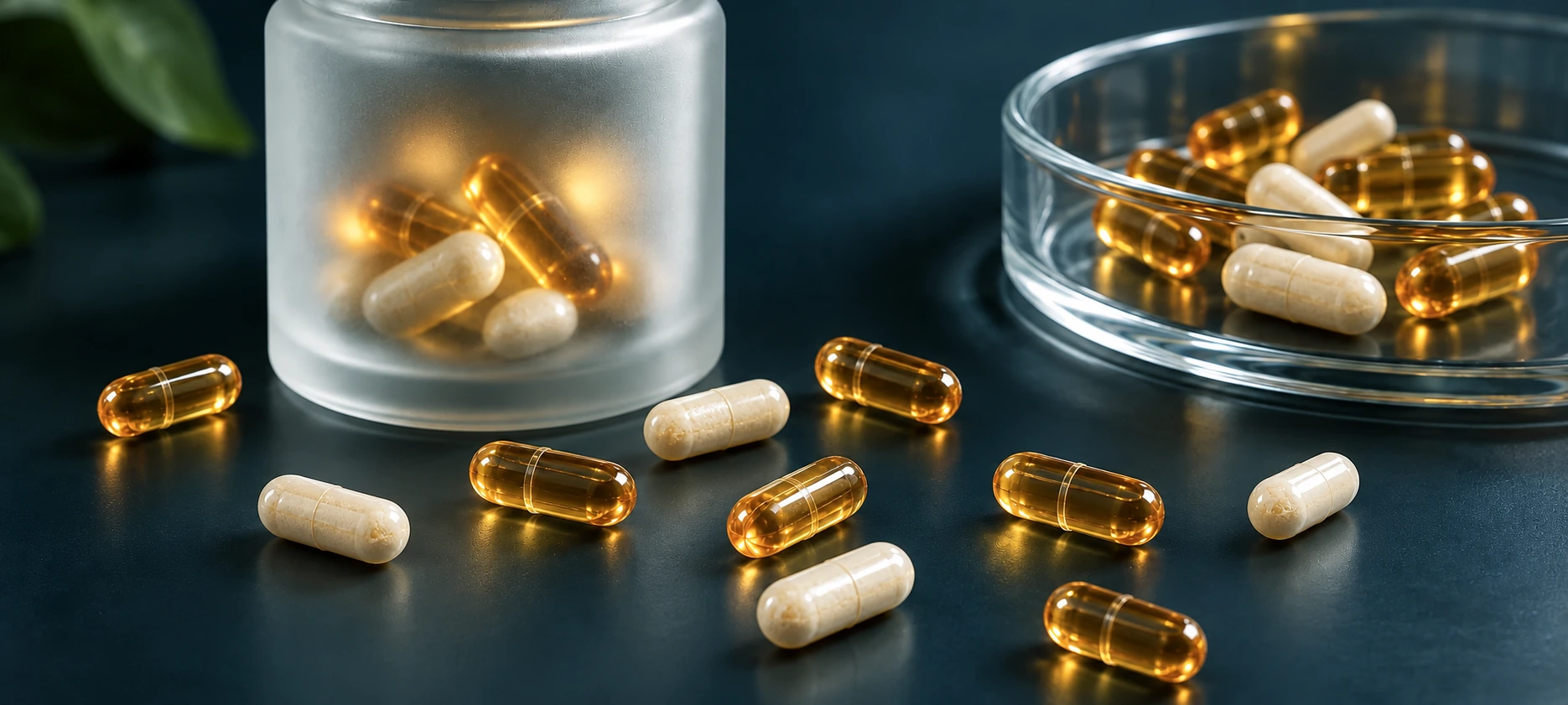 Illustration of dry-filled capsules and transparent hard capsules filled with golden liquid