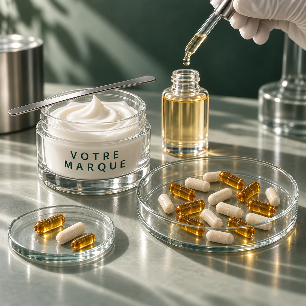 Illustration de cosmétiques et de compléments alimentaires en marque privée : pot « Votre marque », sérum, gélules dures sèches et à contenu liquide