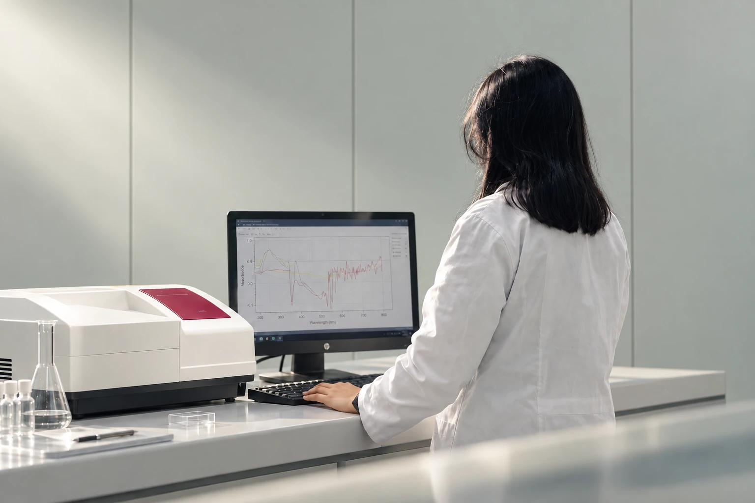 Visual inspired by the System66 laboratory: spectrophotometric analysis in a bright green setting